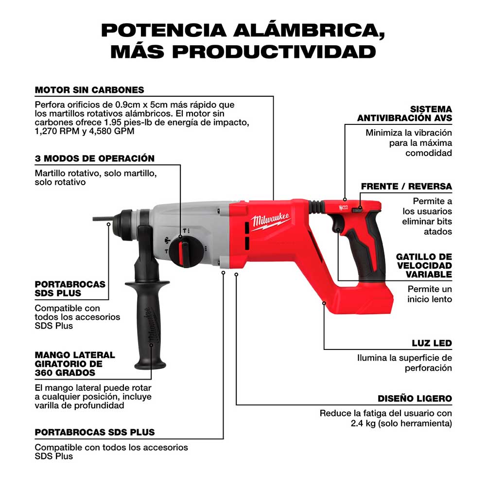 2613-20 M18 ROTOMARTILLO BRUSHLESS SDS PLUS 1 IN. CON MANGO EN D (SOLO HERRAMIENTA) - Imagen 3