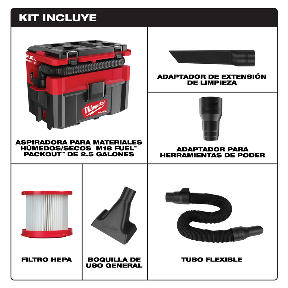0970-20 Aspiradora para materiales húmedos/secos M18 FUEL™ PACKOUT™ de 2.5 galones (sin bateria) - Imagen 10