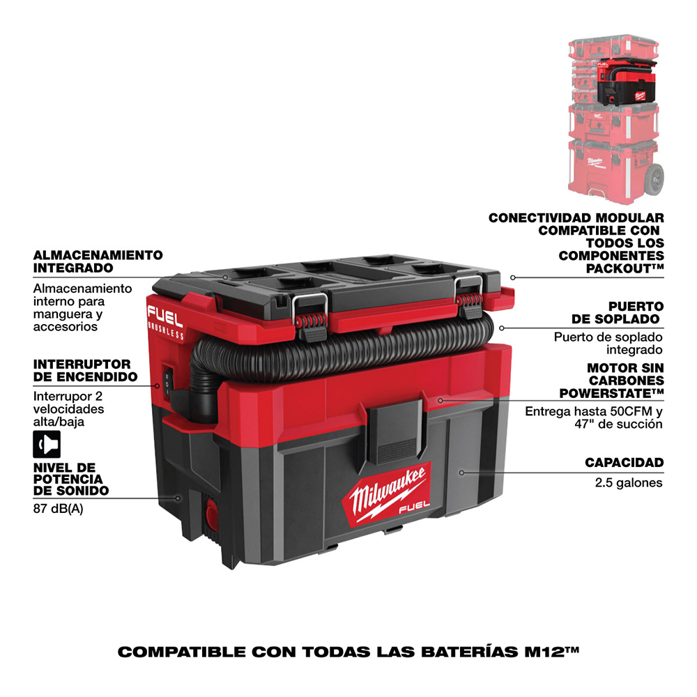 0970-20 Aspiradora para materiales húmedos/secos M18 FUEL™ PACKOUT™ de 2.5 galones (sin bateria) - Imagen 8