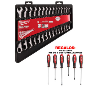 48-22-9513-A Juego de llaves combinadas de trinquete de cabezal flexible (15 piezas): métricas